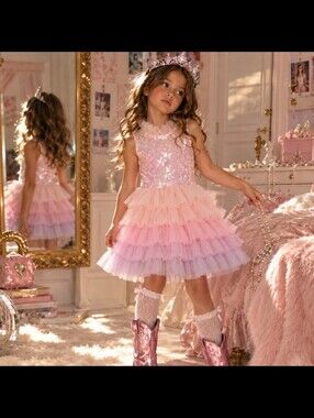 Lola + The Boys Pink Sequin Tiered Tulle Party Dress Size 6